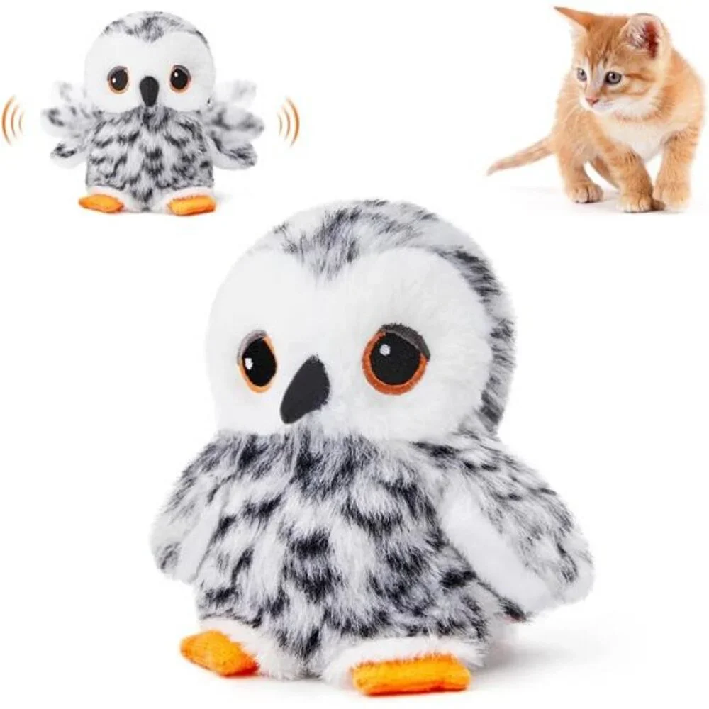 Flapping Owl Cat Toys (No Flying), Lifelike Bird Chirp, Rechargeable